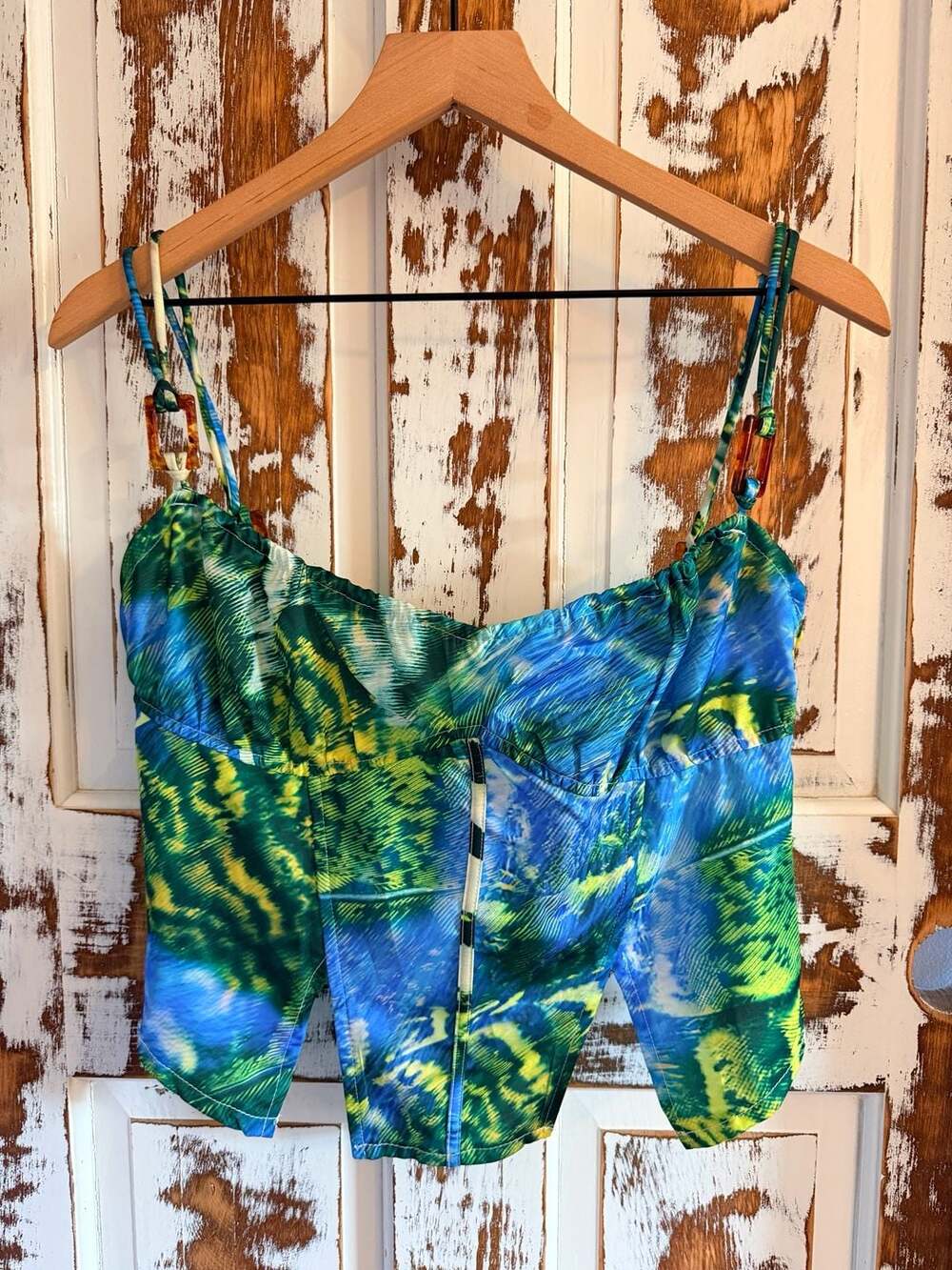 PrettyLittleThing Women’s Blue Green Tropical Print Cami Crop Top Size 12 NWT